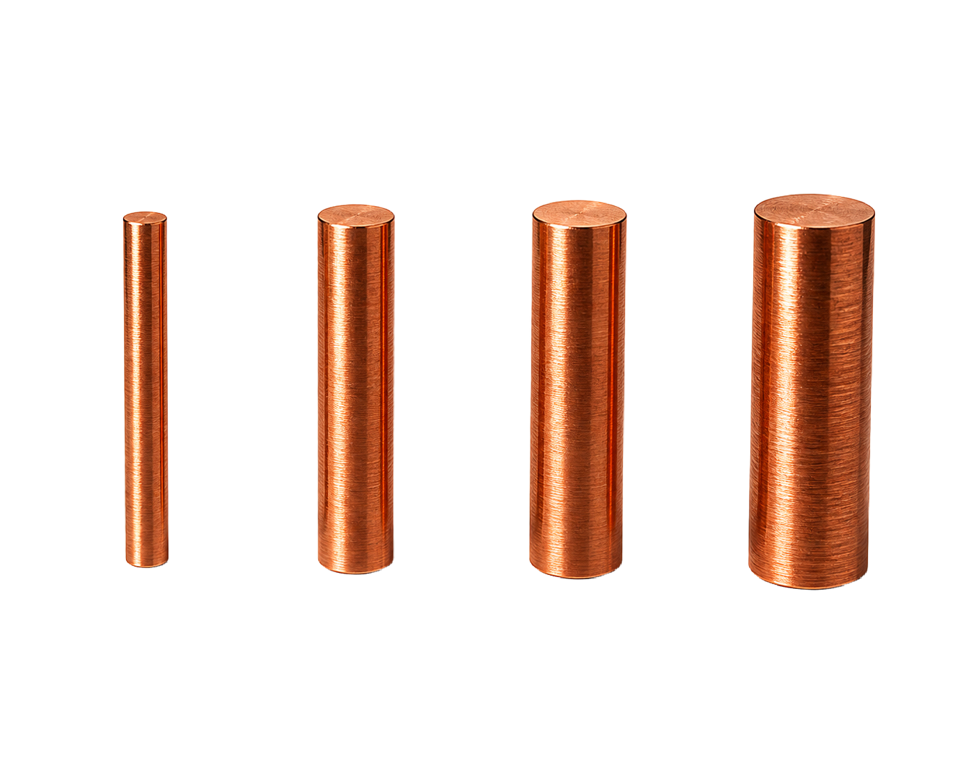 Four copper rods side by side, from 8 mm to 20 mm in diameter