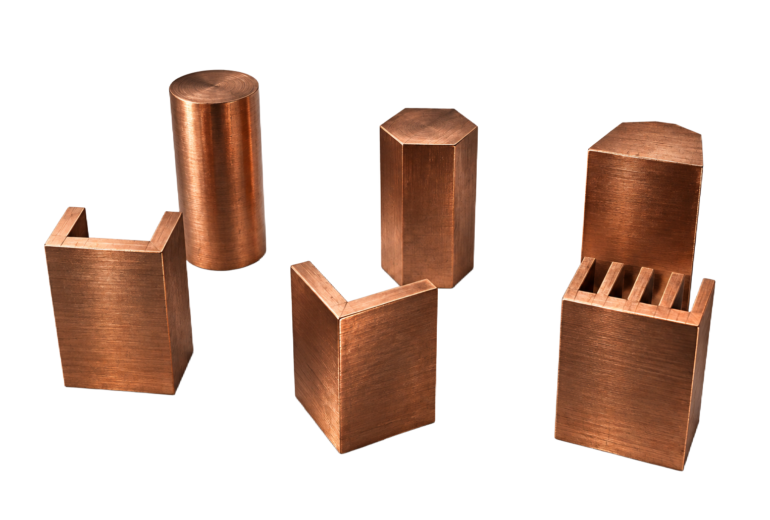 Custom copper profiles: round bar, hexagonal bar, channel, angle and a finned section