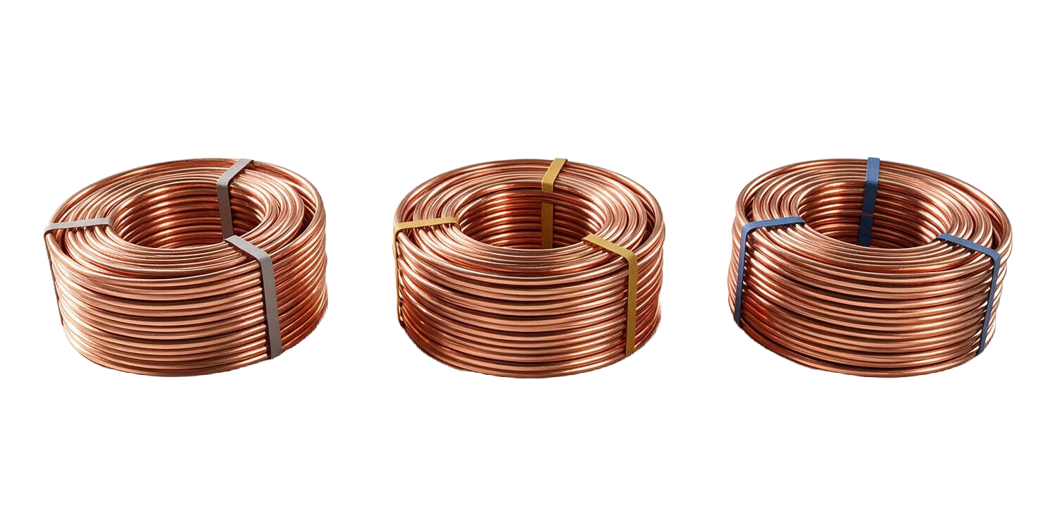 Three coils of alloy rod with silver, gold and blue straps: CuAg0.10, CuSn0.30 and CuMg0.5