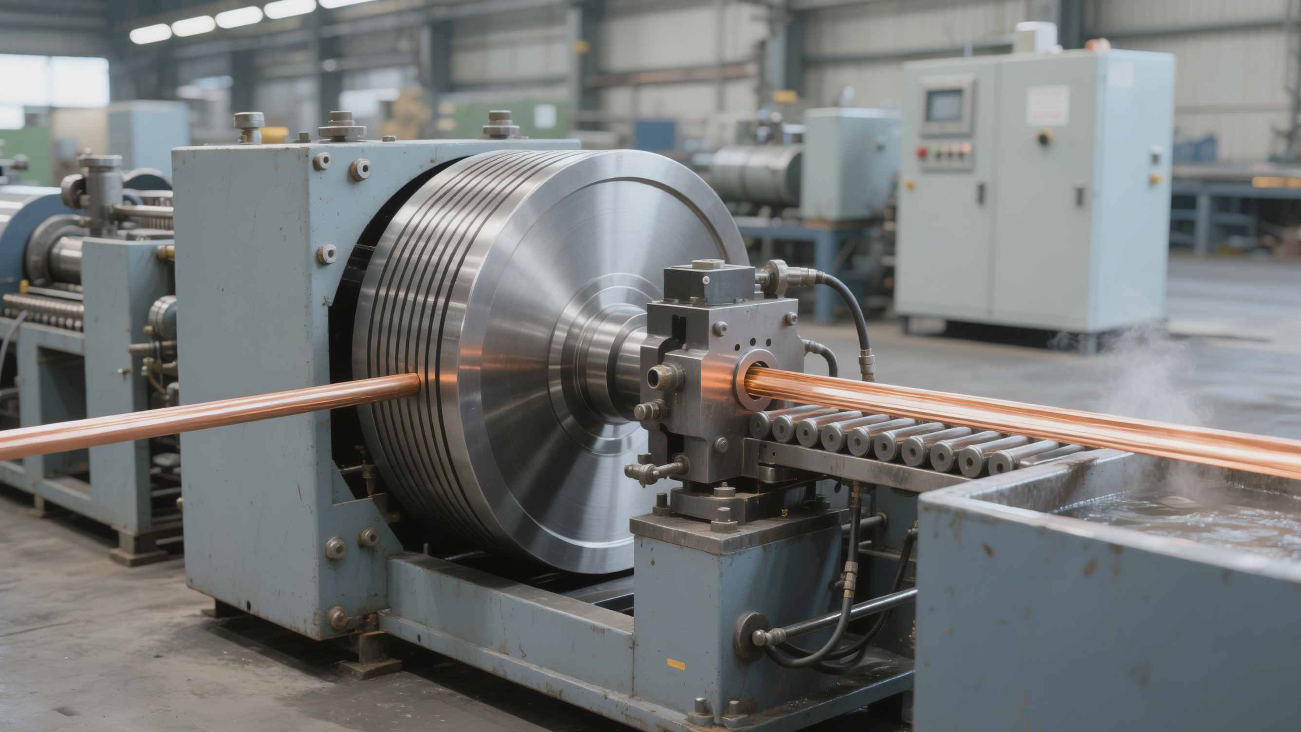 Continuous rotary extrusion line producing copper profiles
