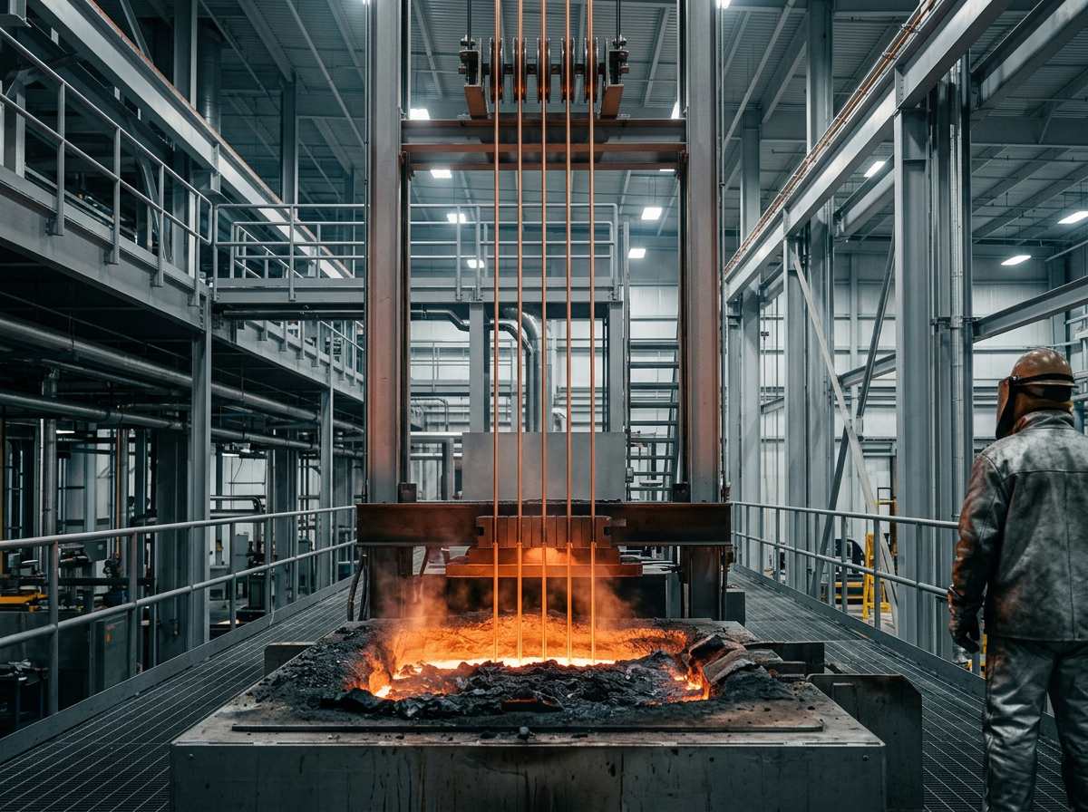 Vertical up-casting line drawing oxygen-free copper rod from the melt