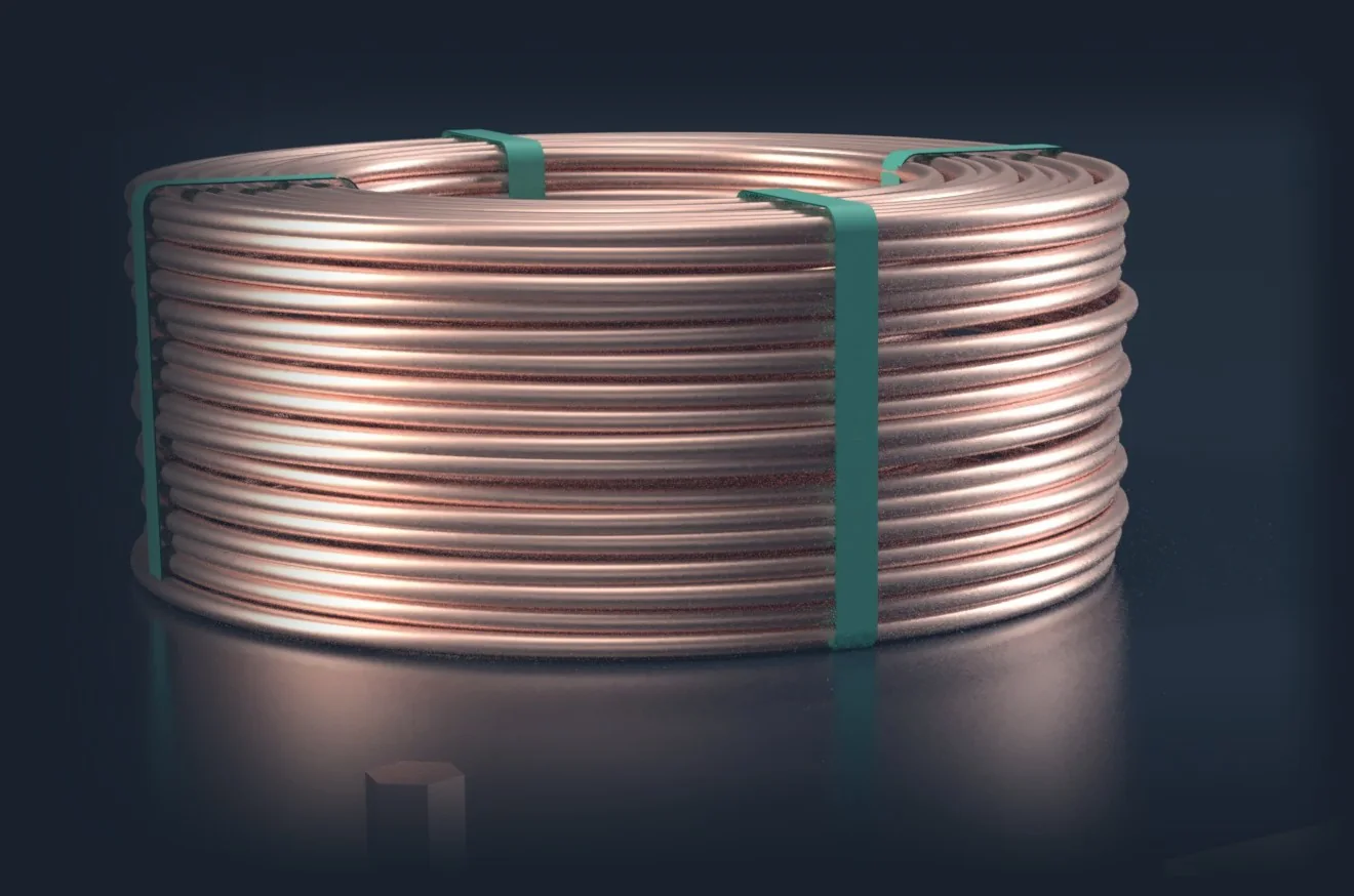 Coil of oxygen-free copper rod, strapped for shipping